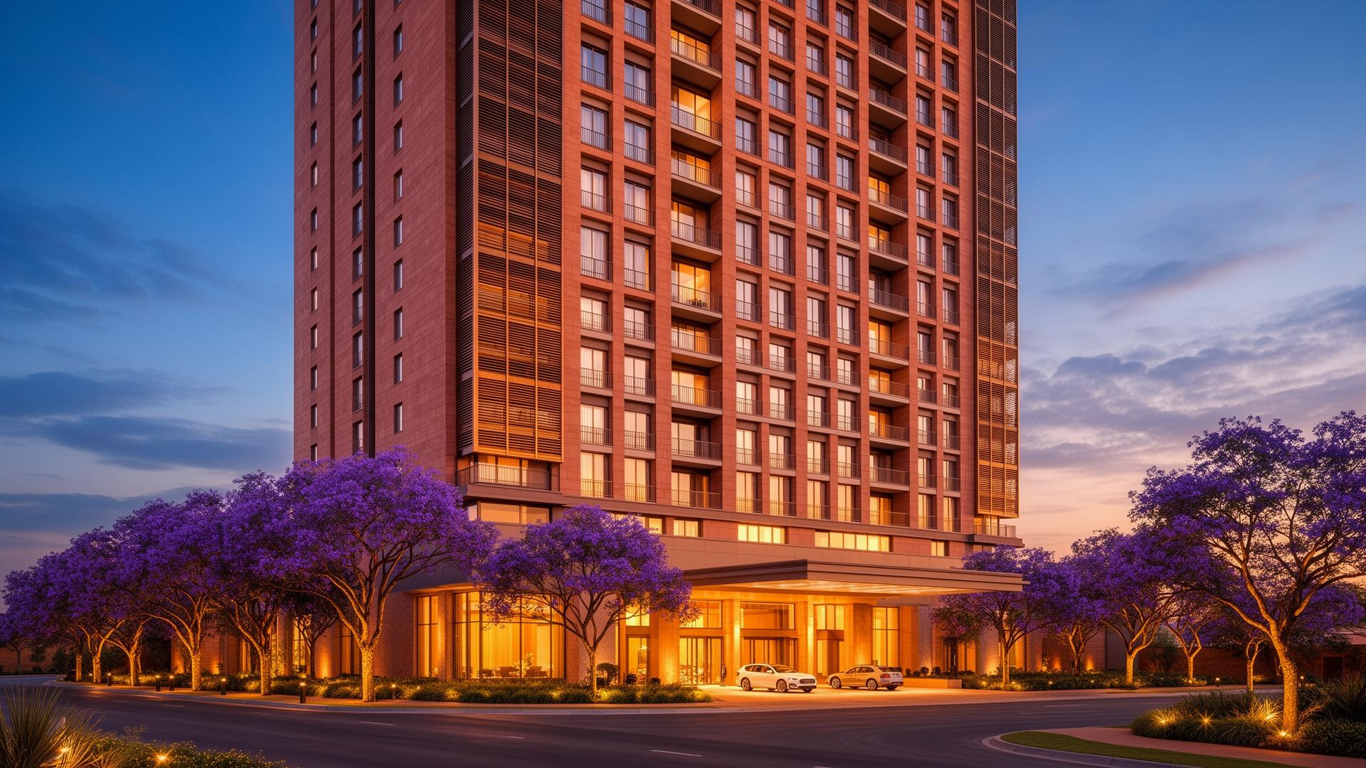 Diaspora Hotel exterior at golden hour